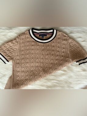 Tommy Hilfiger Cable Knit Sweater in Camel with White/Black Detail on Trim